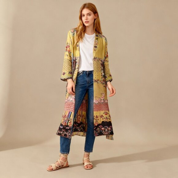 $880 NWOT Johnny Was Long Reversible Silk Embroidered Bohemia Kimono Size S - Picture 1 of 16